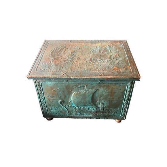 Antique Nautical Theme Embossed Brass Coal Box Vintage Decor
